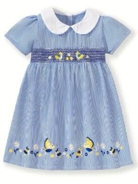 JoJo Maman Bebe Blue and White Striped Dress Yellow Bird Embroidery 3-4 Years
